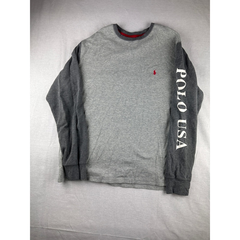 Polo Ralph Lauren Mens XL Grey Waffle Knit Thermal Long Sleeve Polo USA Shirt